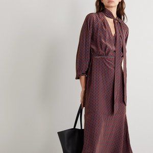 Cefinn Lottie Pussy-Bow Printed Silk Midi Dress